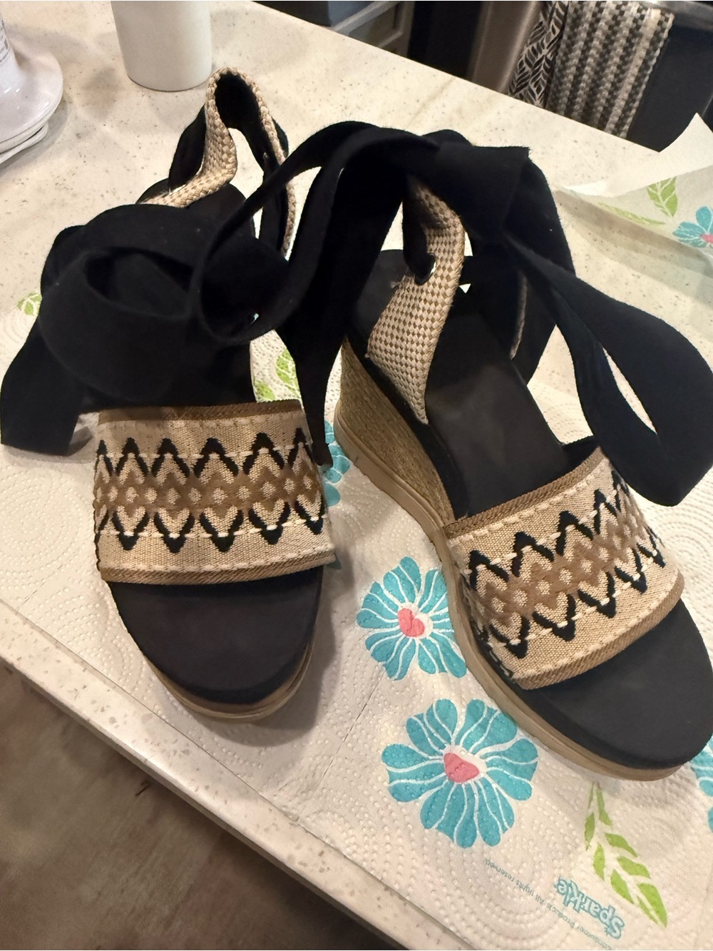 UGG Black & Natural Espadrille Wedge Sandals with Ankle Tie
